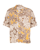 Comfort fit short sleeve shirt with bowling collar in pure cotton muslin, featuring a vintage print in shades of brown - Brown | Giemme BrandsCorporate