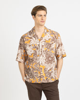 Comfort fit short sleeve shirt with bowling collar in pure cotton muslin, featuring a vintage print in shades of brown - Brown | Giemme BrandsCorporate