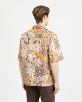 Comfort fit short sleeve shirt with bowling collar in pure cotton muslin, featuring a vintage print in shades of brown - Brown | Giemme BrandsCorporate