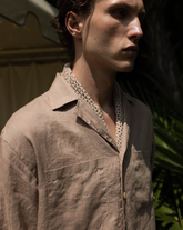 Comfort fit short-sleeve shirt with bowling collar in pure brown linen - Hazelnut | Giemme BrandsCorporate