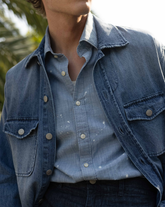 Regular fit french collar shirt in pure cotton denim with micro distressing - Denim | Giemme BrandsCorporate
