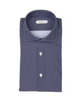 Camicia regular fit con collo francese in tessuto tecnico performante blu con esclusiva fantasia geometrica marrone - Skinlike | Giemme BrandsCorporate