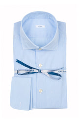 Camicia con collo francese e polso gemello in popeline di puro cotone mille righe bianco e azzurro - Caliban Uomo | Giemme BrandsCorporate