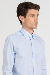 Camicia con collo button down in popeline di puro cotone mille righe bianco e azzurro - Azzurro | Giemme BrandsCorporate