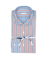 Camicia slim fit con collo francese in puro cotone a righe bianche, blu, azzurre e rosse - Collezione UOMO | Giemme BrandsCorporate