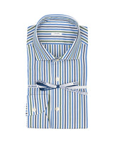 Camicia slim fit con collo francese in puro cotone a righe bianche, blu, azzurre e verdi - Collezione UOMO | Giemme BrandsCorporate