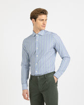 Camicia slim fit con collo francese in puro cotone a righe bianche, blu, azzurre e verdi - Collezione UOMO | Giemme BrandsCorporate