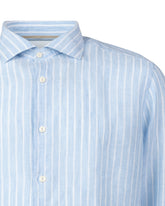 Camicia regular fit con collo francese in puro lino azzurro a righe bianche - Azzurro | Giemme BrandsCorporate