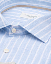 Camicia regular fit con collo francese in puro lino azzurro a righe bianche - Azzurro | Giemme BrandsCorporate