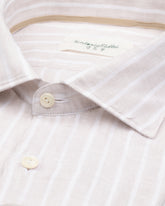 Camicia regular fit con collo francese in puro lino beige a righe bianche - Beige | Giemme BrandsCorporate