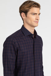 Blue and brown check pure cotton Vaiella shirt with french collar - Blue | Giemme BrandsCorporate