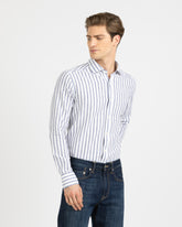 Camicia regular fit con collo francese in lino e cotone bianco a righe blu - Collezione UOMO | Giemme BrandsCorporate