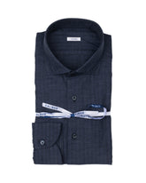 Regular fit shirt with french collar in blue textured wool-cotton blend fabric - Caliban | Giemme BrandsCorporate