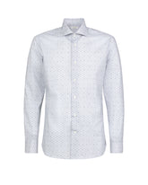 Camicia regular fit con collo francese in cotone elasticizzato bianco con esclusiva fantasia geometrica sui toni del blu - Collezione UOMO | Giemme BrandsCorporate