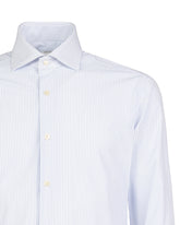 Camicia regular fit con collo francese in tessuto high performance Skinlike bianco a righe azzurre - Azzurro | Giemme BrandsCorporate