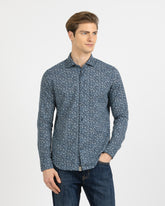 Camicia regular fit con collo francese in puro cotone con fantasia sui toni del blu - Tintoria Mattei | Giemme BrandsCorporate