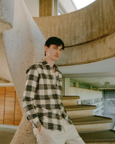 Regular fit shirt with french collar in cotton and cashmere with blue and beige checks - Man collection | Giemme BrandsCorporate