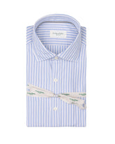 Camicia regular fit con collo francese in puro cotone bianco a righe azzurre - Tintoria Mattei | Giemme BrandsCorporate
