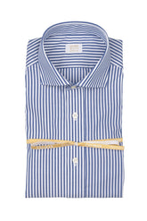 Camicia Wash and Wear con collo francese in popeline di cotone a righe bianche e blu - Collezione UOMO | Giemme BrandsCorporate