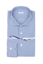 Camicia con collo francese in popeline di cotone stretch a righe bianco e blu - Caliban | Giemme BrandsCorporate