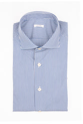 Camicia con collo francese in popeline di cotone stretch a righe bianco e blu - Caliban | Giemme BrandsCorporate