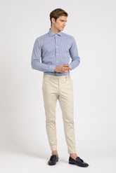 Camicia con collo francese in popeline di cotone stretch a righe bianco e blu - Caliban | Giemme BrandsCorporate