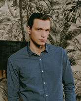 Slim fit shirt with french collar in pure blue cotton with micro pattern - Caliban | Giemme BrandsCorporate