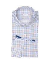 Slim fit shirt with french collar in pure white cotton with an exclusive light blue and brown geometric pattern - Caliban | Giemme BrandsCorporate