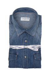 Camicia con collo italiano in denim chiaro di puro cotone lavato - Collezione UOMO | Giemme BrandsCorporate