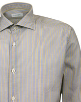 Regular fit french collar shirt in hazelnut cotton and silk with light blue stripes - Hazelnut | Giemme BrandsCorporate