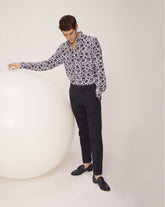 Camicia slim fit con collo francese in cotone misto lino con stampa foliage sui toni del blu - Collezione UOMO | Giemme BrandsCorporate