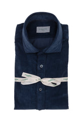 Camicia con collo francese in vellutino di cotone elasticizzato tinto capo blu - Collezione UOMO | Giemme BrandsCorporate