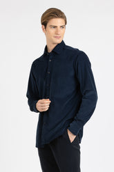 Camicia con collo francese in vellutino di cotone elasticizzato tinto capo blu - Collezione UOMO | Giemme BrandsCorporate