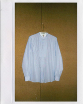 Boxy fit tailored shirt with mandarin collar and bib in blue pure cotton with white stripes -