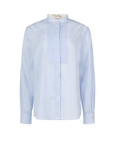 Camicia sartoriale boxy fit con collo coreana e pettorina in puro cotone azzurro a righe bianche - 