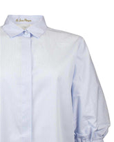 Camicia boxy fit con manica a tre quarti a palloncino in puro cotone azzurro a righe bianche - Azzurro | Giemme BrandsCorporate