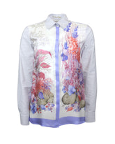 Regular fit shirt in pure white cotton with blue stripes featuring pure silk inserts with an exclusive light blue floral print - Woman Shirts | Giemme BrandsCorporate