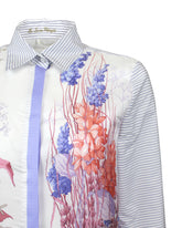 Regular fit shirt in pure white cotton with blue stripes featuring pure silk inserts with an exclusive light blue floral print - Blue | Giemme BrandsCorporate