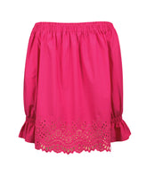 Boxy-Fit-Bluse mit Bootsausschnitt aus elastischer Baumwolle in Fuchsia mit San-Gallo-Stickerei - Fuchsia | Giemme BrandsCorporate