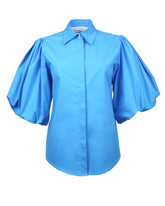 Slim fit shirt with puffed, gathered sleeves in light blue stretch cotton - Woman Shirts | Giemme BrandsCorporate