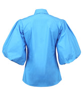 Slim fit shirt with puffed, gathered sleeves in light blue stretch cotton - Woman Shirts | Giemme BrandsCorporate