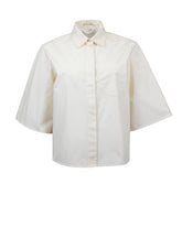 Boxy-fit short-sleeve shirt in pure beige cotton with an exclusive pink silk foulard - Woman Shirts | Giemme BrandsCorporate