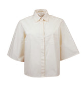 Camicia boxy fit a mezza manica in puro cotone beige con esclusivo foulard in seta sui toni del rosa - Le Sarte Pettegole - New in | Giemme BrandsCorporate