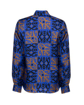 Camicia boxy fit in pura seta con esclusiva stampa geometrica ocra e blu - Azzurro | Giemme BrandsCorporate
