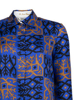 Camicia boxy fit in pura seta con esclusiva stampa geometrica ocra e blu - Azzurro | Giemme BrandsCorporate