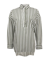 Overfit shirt with polo neck and a patch pocket made of white stretch cotton with green stripes - Woman Shirts | Giemme BrandsCorporate