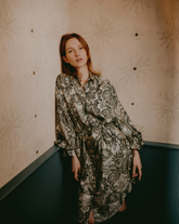 Regular fit long dress in pure silk with exclusive black pattern - Woman collection | Giemme BrandsCorporate