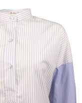 Over fit shirt with mandarin collar and polo neckline in pure white cotton with light blue stripes - Light blue | Giemme BrandsCorporate