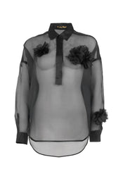 Black exclusive pure silk organza blouse with tone on tone flower application and polo collar - New In Le Sarte Pettegole | Giemme BrandsCorporate