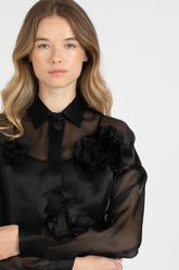 Black exclusive pure silk organza blouse with tone on tone flower application and polo collar - Black | Giemme BrandsCorporate